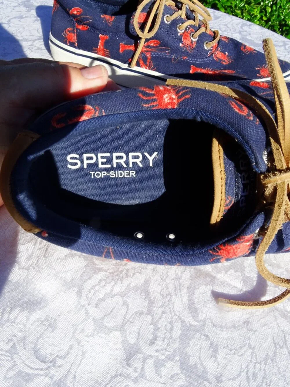 Men's Sperry Navy and Red Lobster Patterned Tennis Shoes Size 11